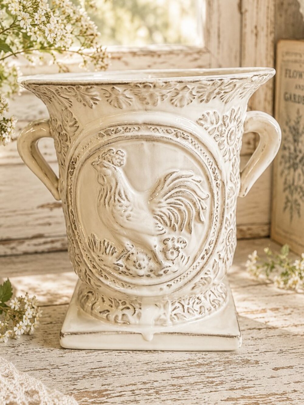 Vintage Collectible Ceramic Embossed Rooster and Country Floral Pattern Planter